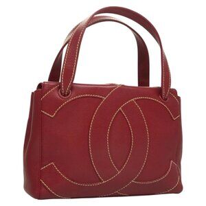 CHANEL Wild Stitch Hand Bag Grained Calf Skin Bordeaux Gold CC Auth 126239V